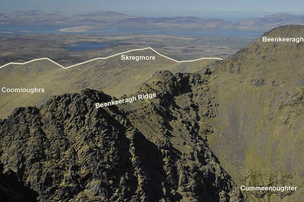 The exposed Beenkeeragh Ridge taken from Carrauntoohil. The Coomloughra Horseshoe also takes in the easier ground of Skregmore directly behind.