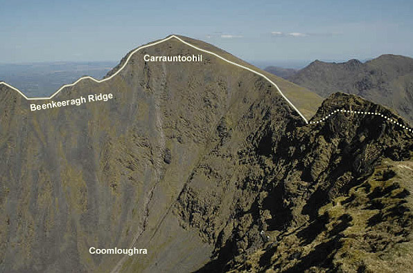 Carrauntoohil and the headwall of Coomloughra, from Caher. The suggested route follows the ridge on the right to Carrauntoohil and returns the same way. For more experienced parties the traverse of the Beenkeeragh ridge and the completion of the full Coomloughra Horseshoe is an option.