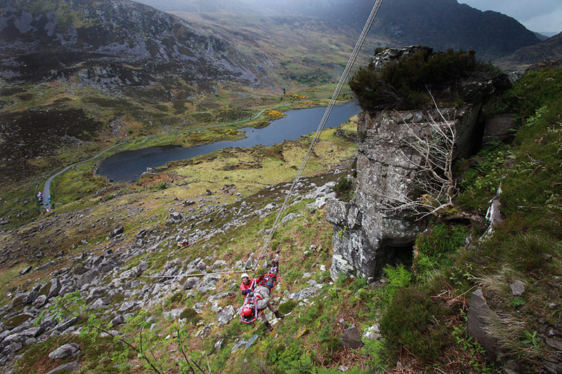 Stretcher lower using a cableway system in the Gap of Dunloe.