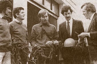 At the opening of the Rescue Station in 1983. From left to right, Team members Paddy O'Riordan, Seán O'Suilleabheán and Paul Walker, An Tánaiste Dick Spring, and Gary Farrell, chairman of the Irish Mountain Rescue Association.