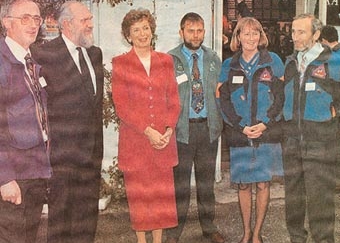 President Mary Robinson at Kate Kearney's Cottage, with Tim Murphy, her husband Nick, Donal MacNamara of IMRA, Eileen Daly and Tim Long. The event was the Irish Mountain Rescue Association's 30th anniversary celebrations in 1995.
