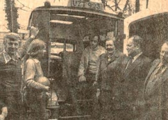 Presentation of the Team's first ambulance, c1979. The photo includes, from left to right, Sr. Columba (matron of Killarney Community Hospital), Peter Gill, Eileen Spillane and Pat Ahern (team members), Beatrice Grosvenor (Southern Health Board), Tom Cahill (Chairman of the County Council), Tadhg Kennedy (Southern Health Board), Danny Kissane (Member of the County Council).