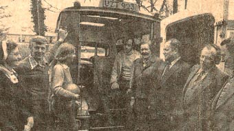 Presentation of the Team's first ambulance, c1979. The photo includes, from left to right, Sr. Columba (matron of Killarney Community Hospital), Peter Gill, Eileen Spillane and Pat Ahern (team members), Beatrice Grosvenor (Southern Health Board), Tom Cahill (Chairman of the County Council), Tadhg Kennedy (Southern Health Board), Danny Kissane (Member of the County Council).